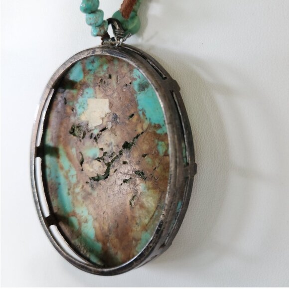 Rustic Turquoise Nugget Necklace With Large Oval Stone Pendant & Leather Cord - Picture 3 of 14